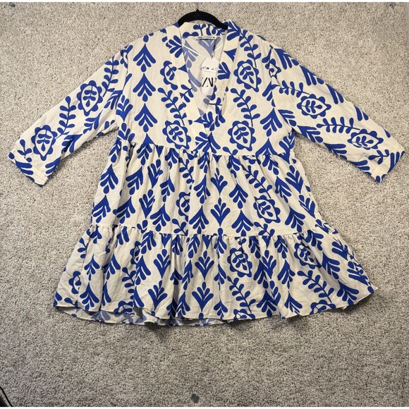 Zara Dresses & Skirts - Zara Blue and White Patterned Dress size XL